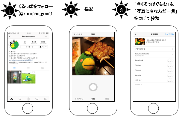 1.くるっぱをフォロー、2.撮影、3．「＃くるっぱぐらむ」「一言」をつけて投稿